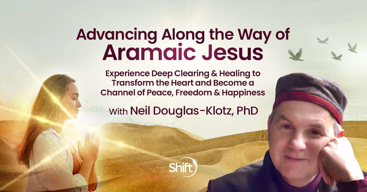 Promotional banner for 'Advancing Along the Way of Aramaic Jesus' showing a praying woman in a desert with sun rays and a smiling man on the right.